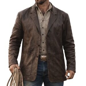 Robert Comstock Men's Vintage‎ Classic Western Leather Trench Coat Brown Size 46